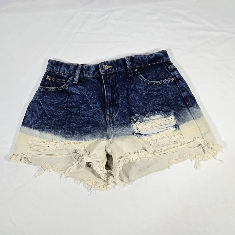 Ombre Distressed Denim Shorts - Two-Tone Blue and Cream